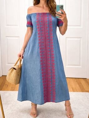 Madewell chambray off shoulder red embroidered dress XXS 100% cotton